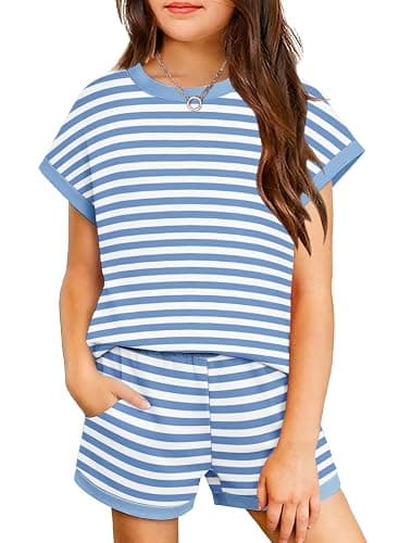 Arshiner Girls Summer 2 Piece Outfits Short Sleeve T Shirts Top and Shorts Clothing Sets with Pockets - Image 1