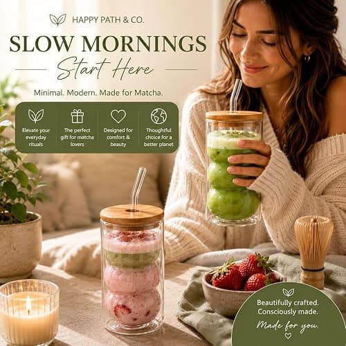 HAPPY PATH & CO. 2 Double Wall Glass Cups with Lids and Straws 16oz (480ml) - Glasses Drinking Set | Glass Tumbler with Bamboo Lid | Ribbed Bubble Glass Cups for Matcha, Coffee and Other Smoothies thumbnail 7