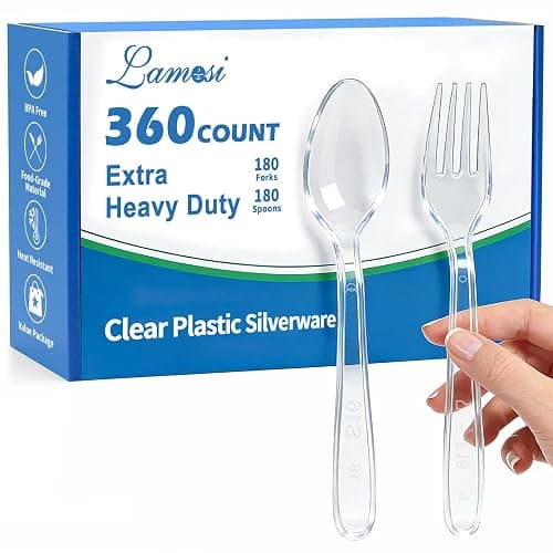 Lamosi 360 Count Extra Heavy Duty Clear Plastic Forks and Spoons | 180 Forks, 180 Spoons, Disposable Plastic Silverware BPA-Free, Heat Resistant for Wedding Party Supplies - Image 1
