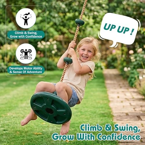Lustriix Tree Swing 330LB, Rope & Platform Set with Carabiner, Green | Climbing rope, disc seat, hanging strap, non-slip. 330LB capacity. Backyard, garden, tree house. Gift for kids. thumbnail 7