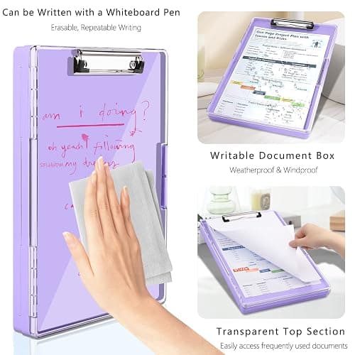 SFLHHDM Clipboard with Storage,Heavy Duty Clip Boards 8.5x11 with 2 Storage Case,Clear Visible Panel Storage Clipboards,Side Opening Nursing Clipboard Folder for Office Supplies-Light Purple thumbnail 3