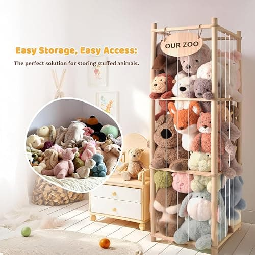Stuffed Animal Storage Organizer - Thick Wooden Toy Zoo for Playroom & Bedroom, Large Plushies Holder with Cute Jail Cage Design, Plush Toy Display Tower Shelf thumbnail 4