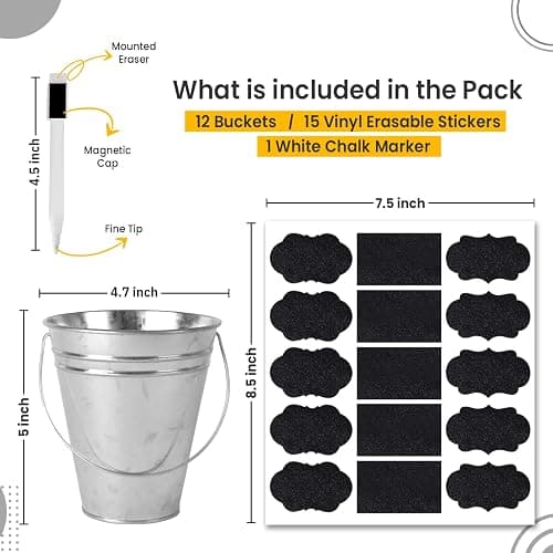 Colorlaza Galvanized Metal Bucket with Handle 12 Pcs- Metal Buckets for Party, Tin Buckets with erasable Stickers and Chalk Marker Silver Bucket 4.7" W x 5" H x 2.7" L thumbnail 4