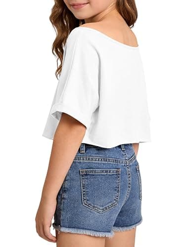 Ecolala Girls Off The Shoulder Tops Short Sleeve Oversized T Shirts Rolled Cuffs Loose Fit Crop Tops for Kids thumbnail 2