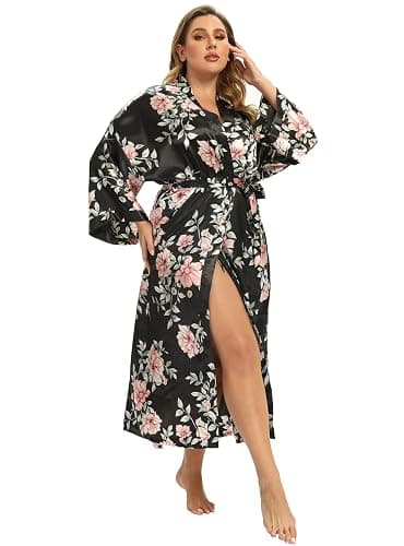 feslieacc Women's Floral Long Satin Robes Plus Size Long Silk Robes Peacock Floral Kimonos Sleepwear Dressing Gown thumbnail 3