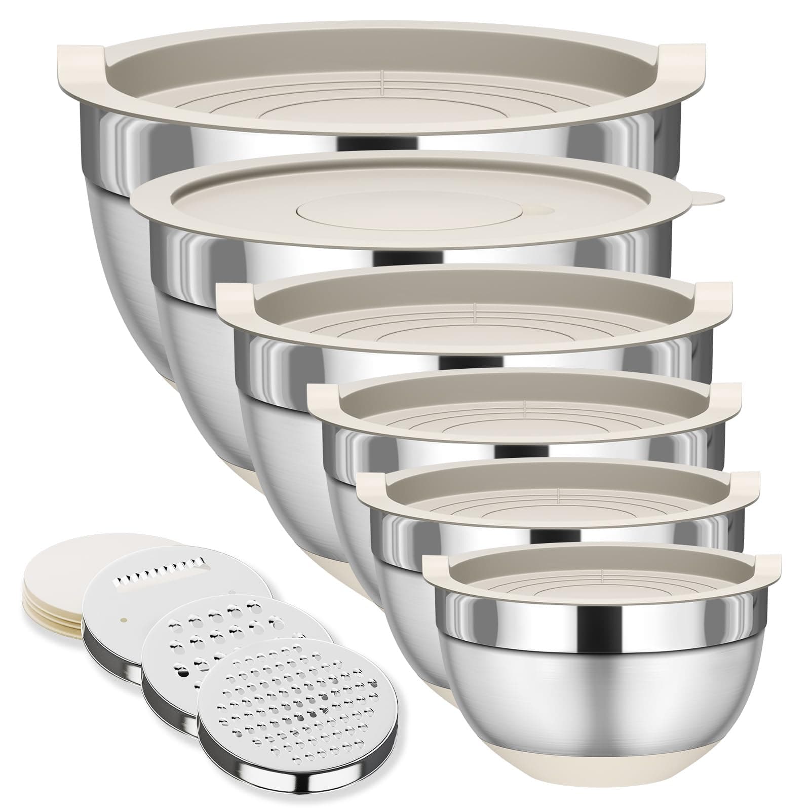 Fyrnova Mixing Bowls with Lids Set, 6 Piece Stainless Steel Nesting Storage Bowls for Kitchen, with 3 Grater Attachments & Non-Slip Bottoms, Size 5.5,3.5,2.5,2.1,1.5,1.1 QT - Image 1