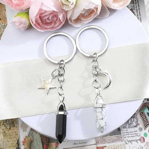 Tranbath Crystal Stone Keychain with Sun and Moon Pendant, 2-Pack Healing Crystals Keyring Charms, Lucky Charm Crystal Keyring, Bag Charms for Women's Handbags, Good Luck Keychain thumbnail 2
