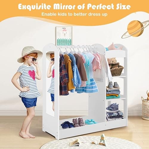 Costzon Kids Dress up Storage with Mirror, Clothes Rack, 3-Tier Shelves, Bottom Tray, Pretend Play Costume Dresser Organizer Center, Open Hanging Armoire Closet for Little Girls (White) thumbnail 4