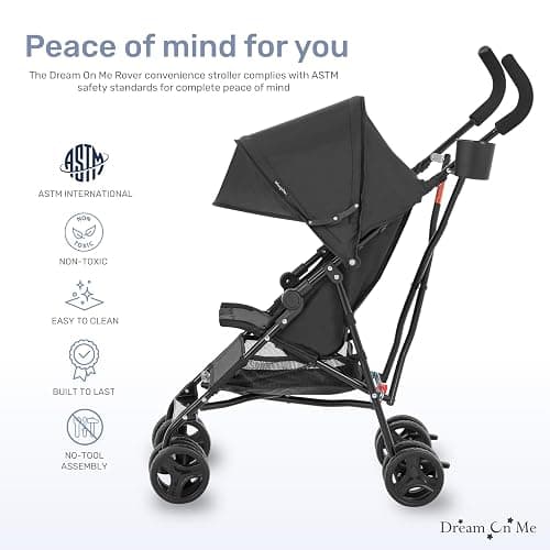 Dream On Me Rover Convenience Baby Stroller – Lightweight & Compact Travel Umbrella Stroller, Quick One-Hand Fold, Lockable Rear Wheels, Adjustable Canopy, 3-Point Safety Harness & Cup Holder - Black thumbnail 3