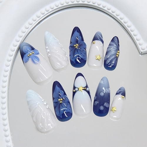 24Pcs Blue Flower Press on Nails Medium Almond French Tip Fake Nails with 3D Gold Starfish Pearls Designs Lily Flowers False Nails Blue Gradient Full Cover Cute Floral Acrylic Stick on Nails for Women thumbnail 3