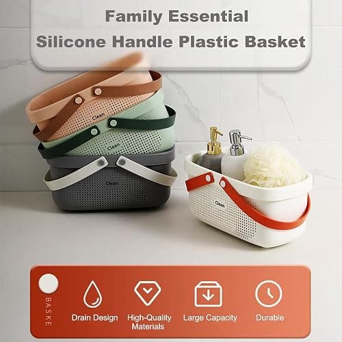 JiatuA Plastic Storage Basket with Handle Portable Shower Caddy Tote Organizer Basket Bin for Bathroom Kitchen Dorm Room Bedroom, Gray thumbnail 4