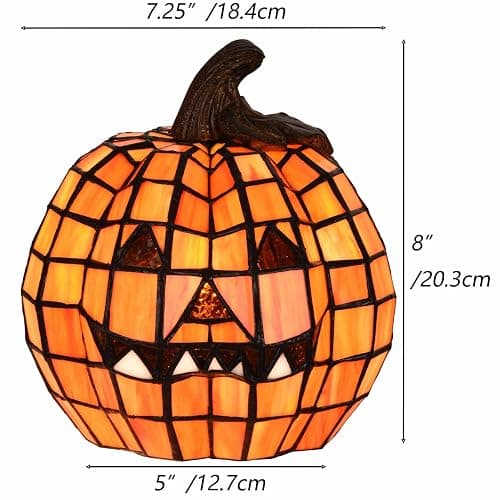 Bieye L10927 Carved Pumpkin Tiffany Style Stained Glass Accent Table Lamp for Halloween Decor thumbnail 7
