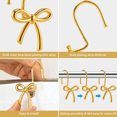 YanKiTour Gold Bow Shower Curtain Hooks, 12 Pack Metal Decorative Rings, Rust Proof Bow Knot Design for Bathroom Bedroom Living Room Baby Room Nursery Art Decor (Gold 5) thumbnail 4