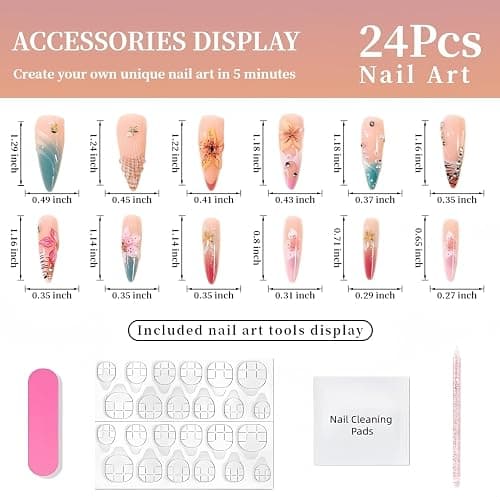 24Pcs Long Press on Nails Almond French Tip Fake Nails Hawaii Flower Nails with Gold Silver Rhinestones Design Summer Full Cover Artificial False Nails Tips for Women Manicure Decorations thumbnail 4