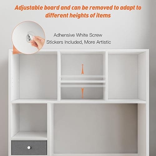 REIBII Desktop Bookshelf, High-Capacity Desk Hutch Organizer with 8 Shelves and 2 Drawers, Adjustable 5-Tier Bookshelf Storage, Home Office Desktop Shelf Stand, Collage Dorm Desk, White thumbnail 8