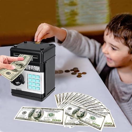 Renvdsa Cartoon Electronic ATM Password Piggy Bank Cash Coin Can Auto Scroll Paper Money Saving Box Gift for Kids (Black) thumbnail 2