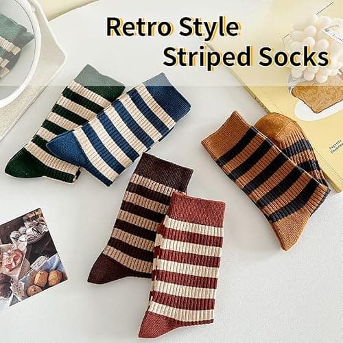 FORJMMP 5/10 Pairs Retro Style Colorful Striped Socks, Cute Athletic Crew socks for Women thumbnail 3