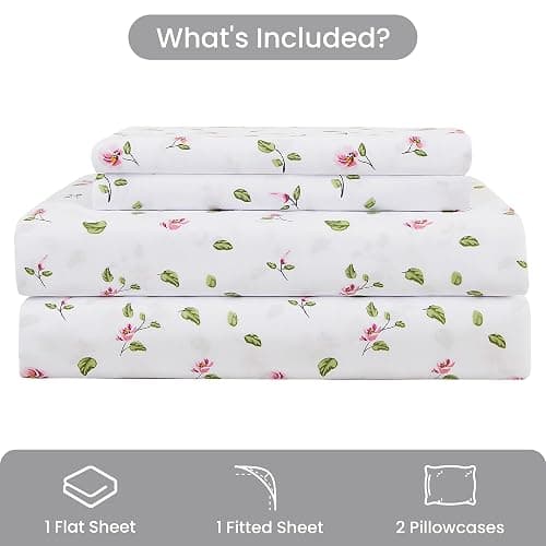 Mooreeke Floral Queen Sheets, Soft Breathable Microfiber Vintage Printed Bed Sheet Set, Deep Pocket Non-Slip Fitted Sheet Included, Flower Leaf Pattern thumbnail 2
