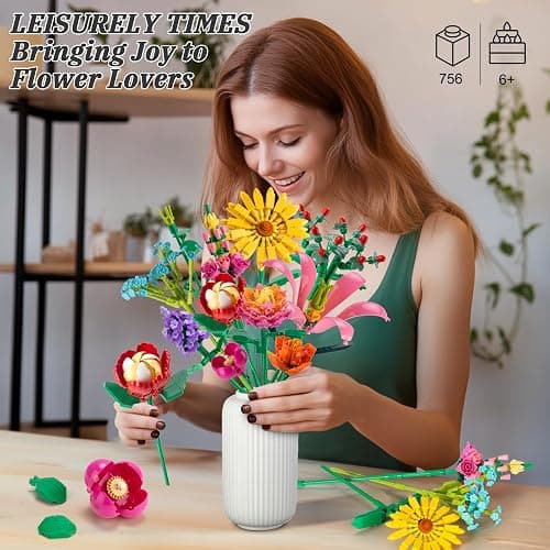 Linkowin 756 PCS Flower Bouquet Building Sets - 11 Kinds of Building Block Flowers, Botanical Collection Crafts Set for Home Office Decoration, Valentines Day for Adults Girl, No Vase thumbnail 2