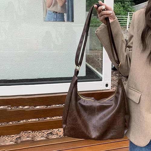 Slouchy Shoulder Bag for Women Leather Brown Purse Daily Hobo Bags Large Capacity Crossbody Bag Fall Handbags with Zipper thumbnail 3