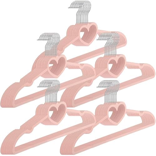 Qunclay 50 Pcs Rose Pink Velvet Heart Hangers, Non-slip Felt Clothes, Heavy Duty Sturdy Heart Clothes Coat Hanger, Cute Kawaii Room Decor for Adult Women, Space Saving No Hanger Mark, 360° Swivel Hook - Image 1