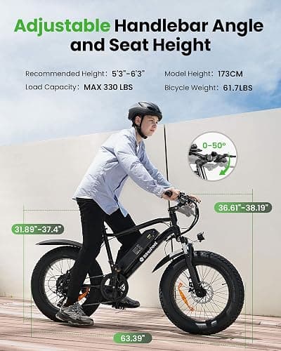isinwheel M10 Pro Electric Bike, 1000W Peak Motor, 22 MPH 20"x4" Fat Tire Ebike, USB Phone Charging Port, 10.4Ah Removable Battery, 7-Speed Electric Dirt Bike for Adults, Teens & Women thumbnail 8