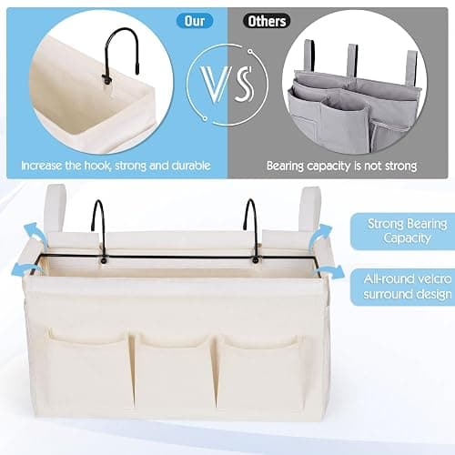 Ozzptuu Bedside Storage Caddy/Bedside Hanging Storage Bag for Headboards Bunk Beds Dorm Rooms Book Phone Magazine Holder (New White) - New White thumbnail 5
