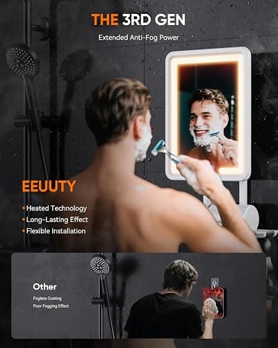 Heated Shower Mirror Fogless for Shaving 2025 New, 3 Colors Stepless Dimmable Lights Anti Fog Shower Mirror, Fog Free Mirror for Shaving with Razor Holder for Men, NO-Drilling, Removable - White thumbnail 2