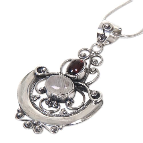 NOVICA Artisan Handcrafted Rainbow Moonstone & Garnet Teardrop Pendants | .925 Sterling Silver Birthstone Necklace | Handmade thumbnail 7