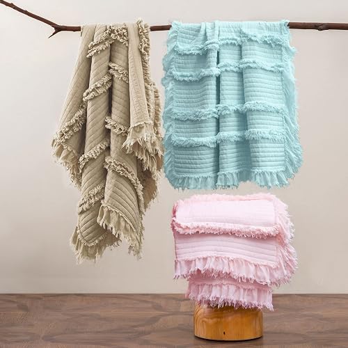 Ultra Soft Pre-Washed Quilted Throw Blanket, Ruffle Fringed Pink Boho Decorative Throw, Stone Washed Chic Rustic Blanket for Sofa Couch Bed Chair, 50"x 60" thumbnail 6