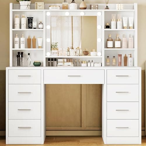 TEENFON Dressing Table with 3-Color LED Lights Mirror, Adjustable Brightness, Vanity Table Makeup Desk with 9 Drawers and 7 Storage Shelves, Modern Vanity Desk for Bedroom Dressing Room, White - Image 1
