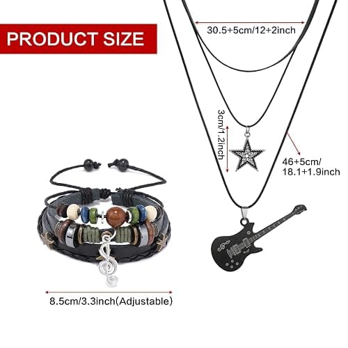 Multilayer Y2k Star Vintage Necklace Fairy Grunge Bracelets Set,Gothic Rock Roll Music Guitar Star Necklace,Bohemian Handmade Beaded Musical Note Leather Wristbands,Grunge Accessories for Men Women thumbnail 2