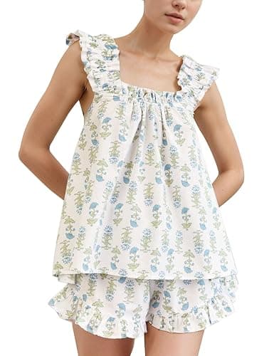 Flygo Floral Pajamas Set for Women 2 Piece Lounge Set Ruffle Cami Top and Shorts Pj Set Sleepwear - Image 1