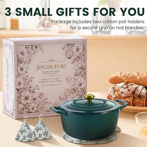 Enameled Cast Iron Dutch Oven 5 Qt with Lid, Green | For Sourdough Bread, Stews & Roasts, Oven Safe to 500F, Works on Gas, Electric & Induction Stovetops. thumbnail 9