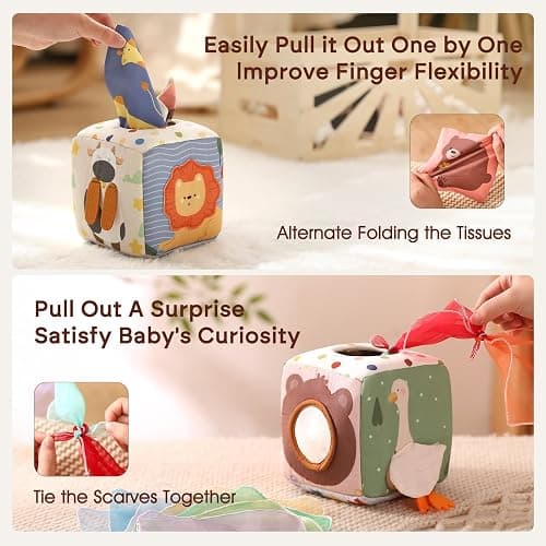 Youuys Baby Tissue Box Toy for Babies 6-12 Months, Montessori Sensory Toys for 1 Year Old Boy, Infant Toy with Crinkle Tissues & Fine Motor, for 6 9 12 18 Months Old Kids 1st Birthday thumbnail 5