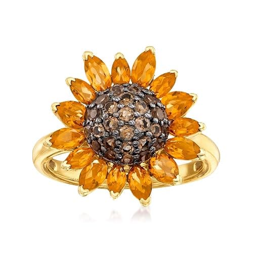 Ross-Simons 1.70 ct. t.w. Citrine and .80 ct. t.w. Smoky Quartz Sunflower Ring in 18kt Gold Over Sterling - Image 1