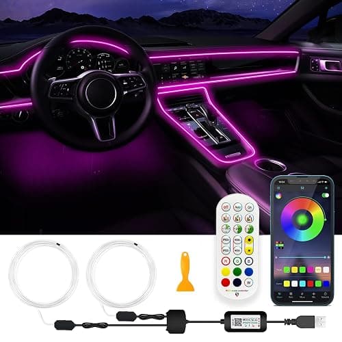 USB Car LED Lights, Interior Car Lights Strip with APP and RF Remote Control, 2 in 1 Ambient Lighting with 157 inches Fiber Optic Music Sync Simple Installation EL Wire Lights (2 in 1/157 inches) - Image 1