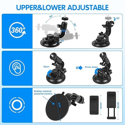 OctinPris Dash Cam Suction Cup Mount Windshield Camera Holder Stand 9CM with Phone Bracket for GPS Driving DVR Action Camcorder Video Record POV/VLOG Compatible with Gopro Hero, Insta360 Smartphone thumbnail 4