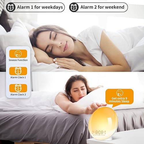 Eveil Lumière LED Radio Réveil Matin Lumineux Lampe de Chevet 20 Niveaux de Luminosité Simulateur d'Aube et Crépuscule 2 Réveils 7 Sons Naturels Fonction Snooze Veilleuse Enfant 11 Couleurs (Jaune) thumbnail 2