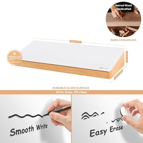 Glass Desktop Whiteboard with Wood Organizer for Small Office Accessories, Aesthetic Desk Dry Erase White Board with Drawer for Home Office Cubicle, Marker & Eraser Included, Yeoux thumbnail 3