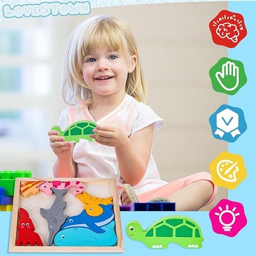 LovesTown Wooden Stacking Puzzle, 12PCS, Sea Animal | for Toddler, Preschool Learning, Montessori Toy, Develops Balance, Focus & Fine Motor Skills, Screenless Play thumbnail 7