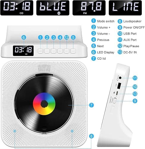 Gueray CD Player Portable Bluetooth Desktop CD Player for Home with Timer Built-in HiFi Speakers with LCD Screen Display Boombox FM Radio USB Type-c thumbnail 3