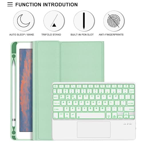 for iPad Keyboard case 9.7 inch, iPad 6th Gen (2018), iPad 5th Gen (2017), iPad Air 2 (2014), Multi-Touch Trackpad, Detachable Backlit Folio Keyboard Slim Cover with Pencil Holder，Green thumbnail 8