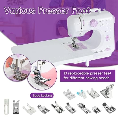 Sewing Machine for Beginners, Portable Mini Sewing Machine with 13 Replaceable Presser Feets, Built-in 12 Stitches, Extension Table, 39 Colors Thread, Reverse Sewing, 2 Speed Foot Pedal, Sewing Kit thumbnail 3