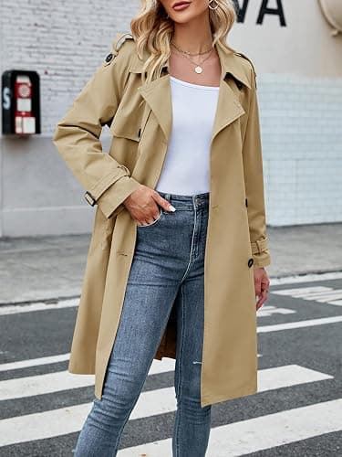 Makkrom Women's Double Breasted Long Trench Coat Windproof Classic Lapel Slim Overcoat with Belt thumbnail 4