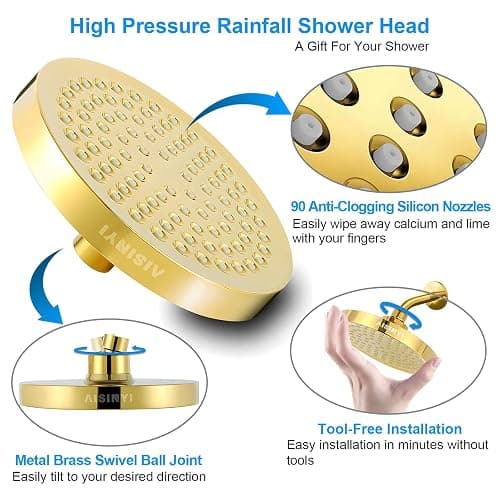 AISINYI High Pressure Rainfall Shower Head, 6 Inches Showerhead with Perfect Adjustable Replacement, Removable Restrictor, Easy Installation for Your Bathroom Shower Heads (Deluxe Gold + Shower Arm) thumbnail 4