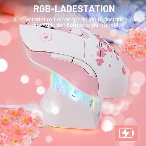 DAREU Sakura Pink Gaming Maus Kabellose mit Magnetic Charging Dock Wiederaufladbar RGB,12K DPI, 6 Programmierbare Tasten, Hochpräziser Sensor 300IPS 1000Hz für PC Notebook Mac thumbnail 6