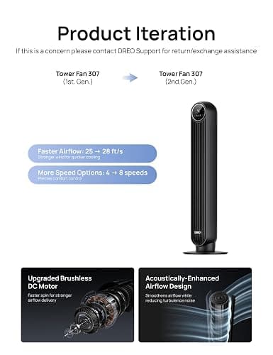 DREO Tower Fan for Bedroom, 28ft/s Velocity, Ultra Quiet Fan, 8 Speeds | 2026 Upgraded DC Motor, 90° Oscillating, 4 Modes Standing Fan, Bladeless Fan for Indoors, Floor Fans with Remote, Black thumbnail 9