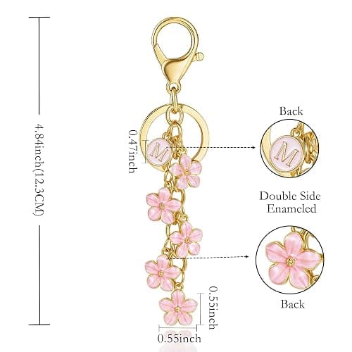 XGALBLA White Pink Black Cute Initial Letter Keychain for Women, Flower Bag Charms Enamel Keyring for Handbag Backpack thumbnail 2