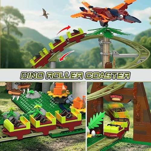 HOGOKIDS Dinosaur Roller Coaster Building Set - 1222PCS Rollercoaster Building Toy with 4 Dinosaur, Off-Road Vehicle, Food Cart, Dinosaur Models Playset Gift for Adults Kids Girls Boys Ages 8-12 Year thumbnail 5